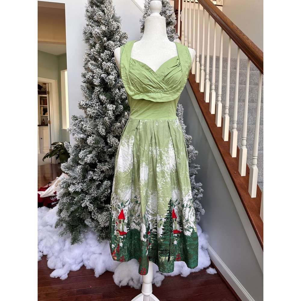 Unique Vintage 1950s Style Milk Maid Retro Swiss Alps Green White Cocktail Dress - Picture 12 of 12